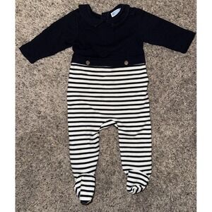 Jacadi Paris 3M Boy Black Stripe Cotton Footie Coverall Baby Snap